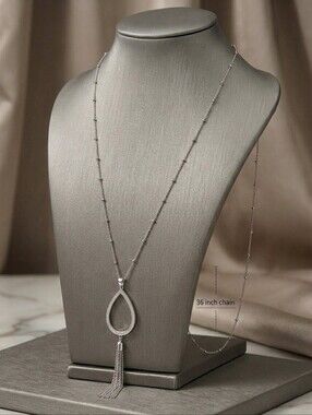 Swarovski Crystal Pavé Teardrop Tassel Necklace  925 Silver Overlay | Rhodium
